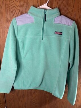Vineyard Vines Women’s Seersucker Stripe Shoulder Shep Fleece 1/4 Zip Aqua Sz XS
